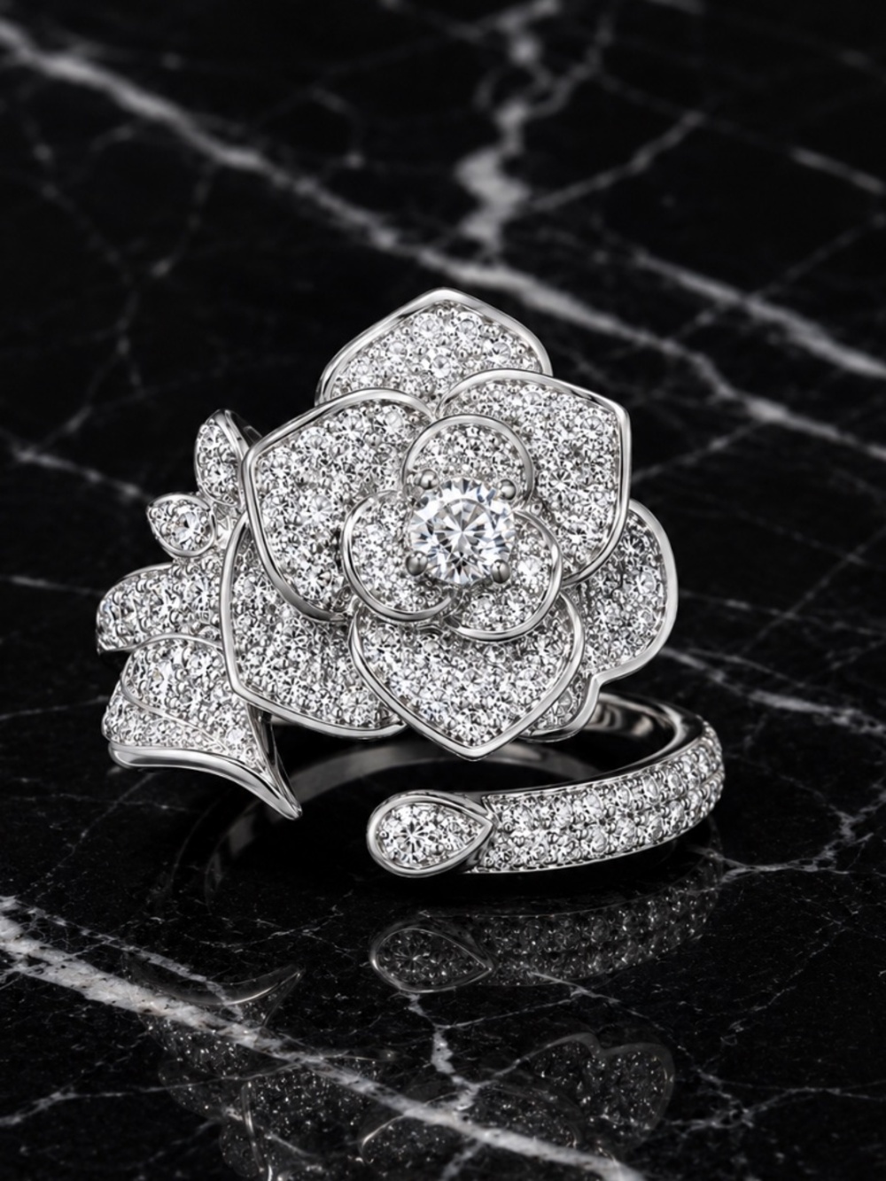 Silver Crystal Rose Statement Ring | Luxe Floral Cocktail Ring | Sparkling Rhine - Picture 2 of 7